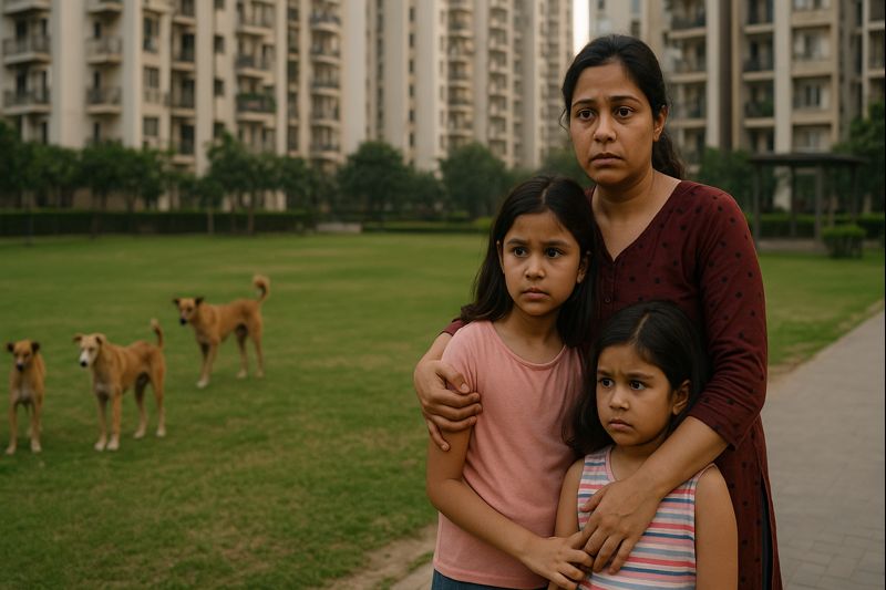 ग्रेटर नोएडा की रिहायशी सोसायटी में आवारा कुत्तों की समस्या का प्रतीकात्मक दृश्य